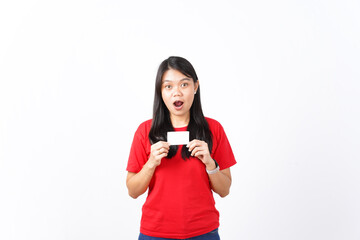 beautiful Asian woman shows happy, surprised expressions while holding blank cards for ads, set on a white background