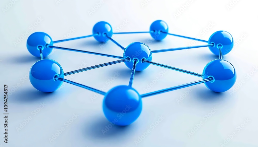 Poster 3d rendering of a blue world map with interconnected lines and nodes, isolated on a white background