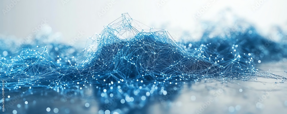 Poster 3d rendering of a blue world map with connected lines and nodes on a white background, illustrating 