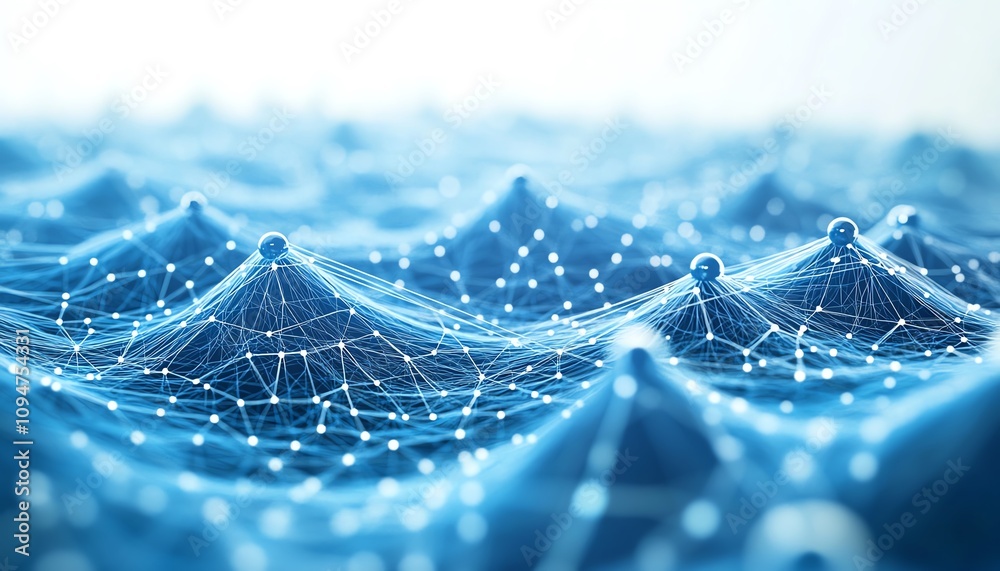 Poster 3d rendering of a blue world map with connected lines and nodes on a white background, illustrating 