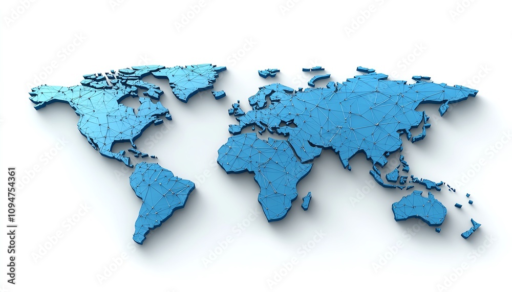 Poster 3d rendering of a blue world map with connected lines and nodes on a white background, illustrating 