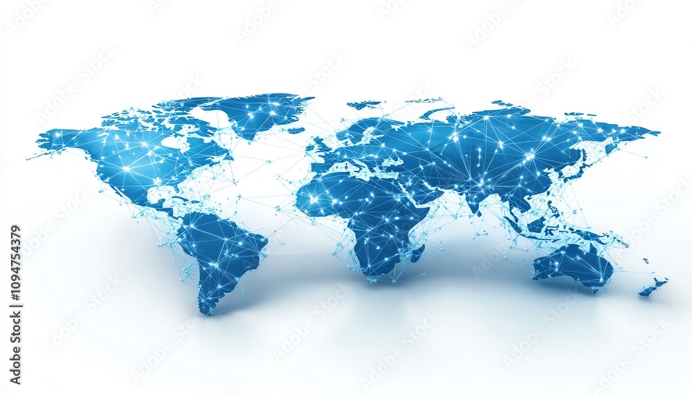 Poster 3d rendering of a blue world map with interconnected lines and nodes, isolated on a white background