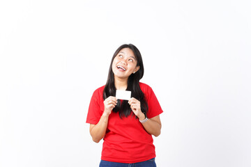 beautiful Asian woman shows happy, surprised expressions while holding blank cards for ads, set on a white background