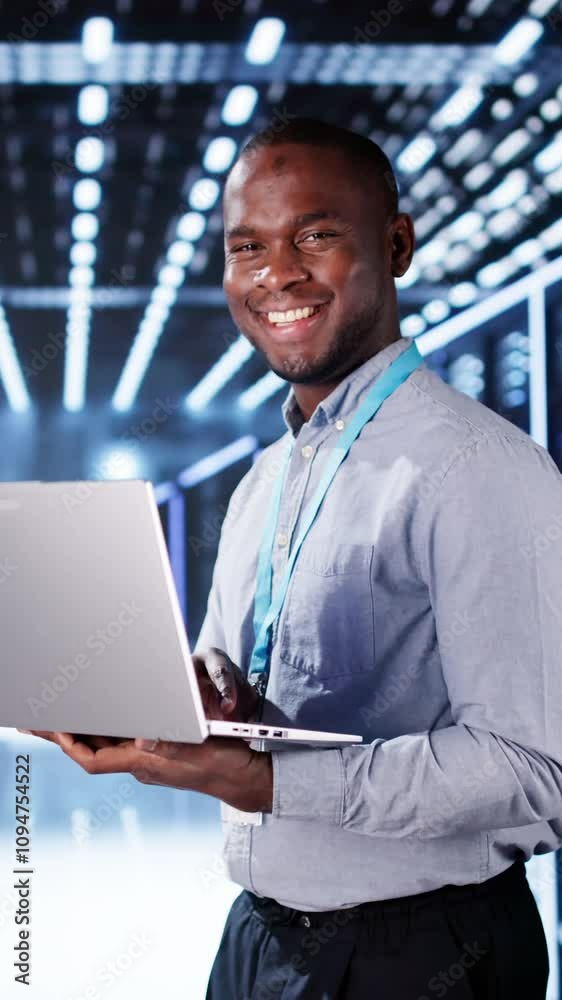 Aufkleber happy engineer in data center server room configuring ai