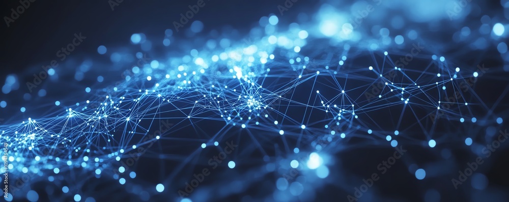 Poster 3d rendering of a blue world map with connected lines and nodes on a white background, illustrating 