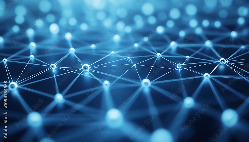Poster 3d rendering of a blue world map with connected lines and nodes on a white background, illustrating 