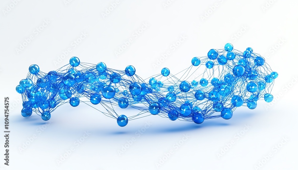 Poster 3d rendering of a blue world map with interconnected lines and nodes, isolated on a white background