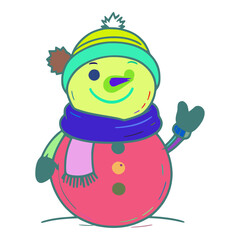 The snowman is wearing a green hat with yellow stripes on it. He has a blue scarf around his neck. He also has two black gloves on his hands. He is smiling.