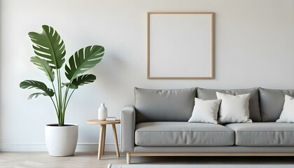 A minimalist living room with a gray sofa, a wooden side table, a potted plant, and a framed artwork on the wall