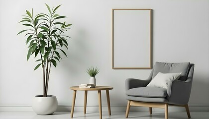 A minimalist living room with a gray sofa, a wooden side table, a potted plant, and a framed artwork on the wall