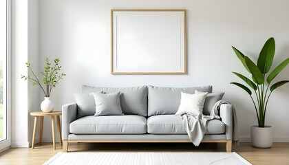 A minimalist living room with a gray sofa, a wooden side table, a potted plant, and a framed artwork on the wall