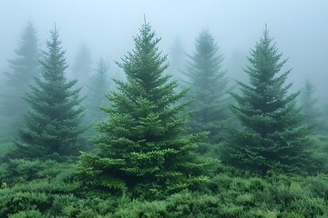 Fototapeta premium Tranquil Forest Scene with Foggy Pine Trees for Nature and Seasonal Designs