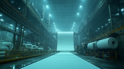 Obraz premium A long, narrow industrial warehouse with rows of stacked paper rolls illuminated by blue spotlights