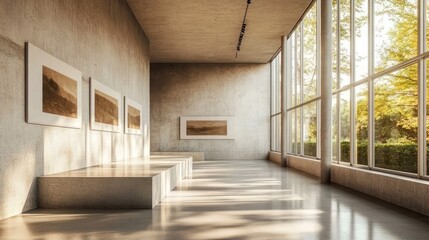 Obraz premium Sunlit Gallery Interior with Landscape Paintings