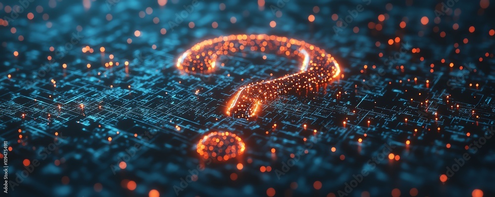 Poster 3d rendering of a question mark network illustration, glowing interconnected lines and nodes, symbol