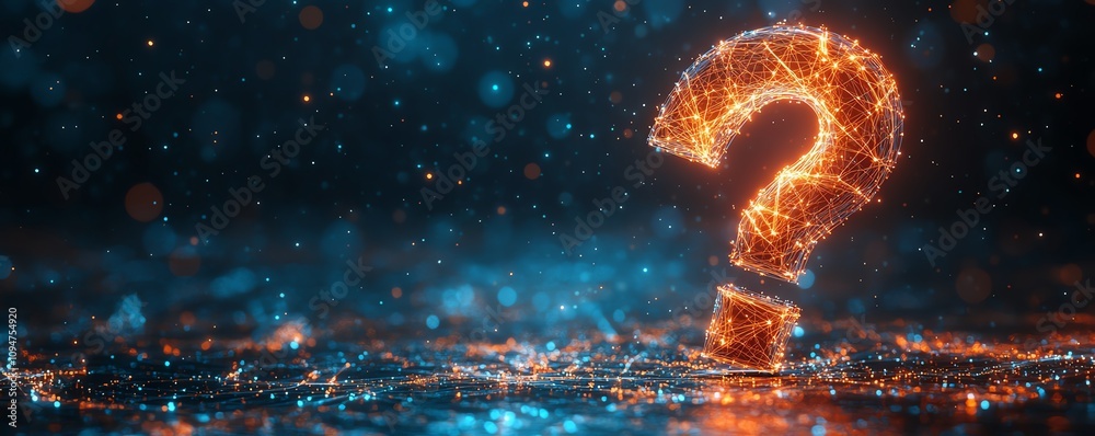Poster 3d rendering of a question mark network illustration, glowing interconnected lines and nodes, symbol