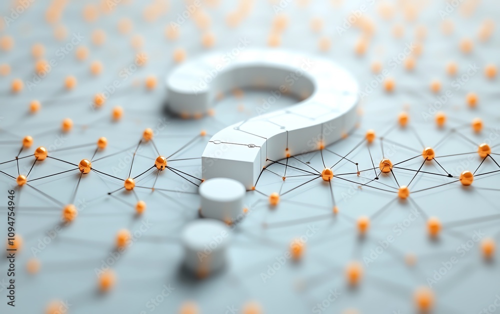 Poster 3d rendering of a question mark shaped network, interconnected nodes and lines, symbolizing communic