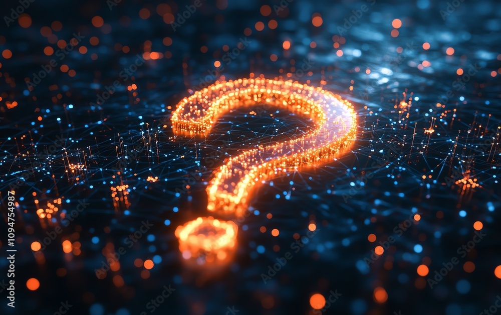 Poster 3d rendering of a question mark network design, interconnected with digital nodes and lines, symboli
