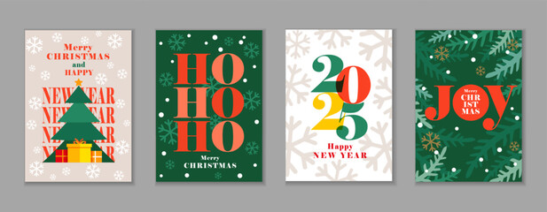 Modern beautiful Merry Christmas and Happy New Year 2025 greeting cards set. Vector holiday design with branches Christmas tree and snowflakes for flyers, posters or invitations background