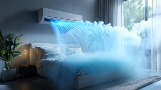 A bedroom with a large bed and a window. The window has a curtain that is open, and the room is illuminated by a light. The bed is covered with a white comforter and a blue blanket