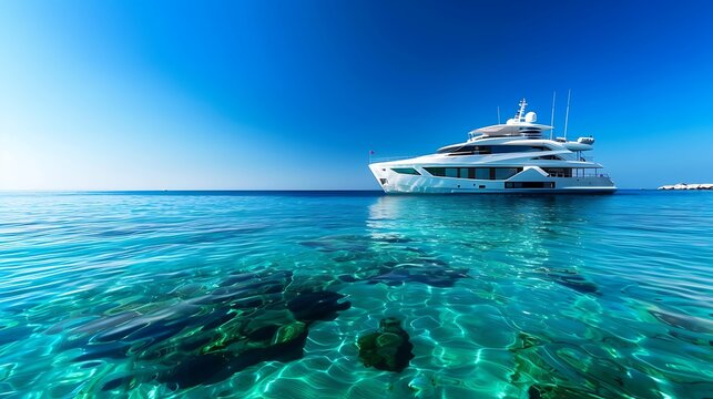 High-end elegant transparent image of a luxury yacht on a clear blue sea, suitable for travel and leisure advertisements. 32k, full ultra HD, high resolution