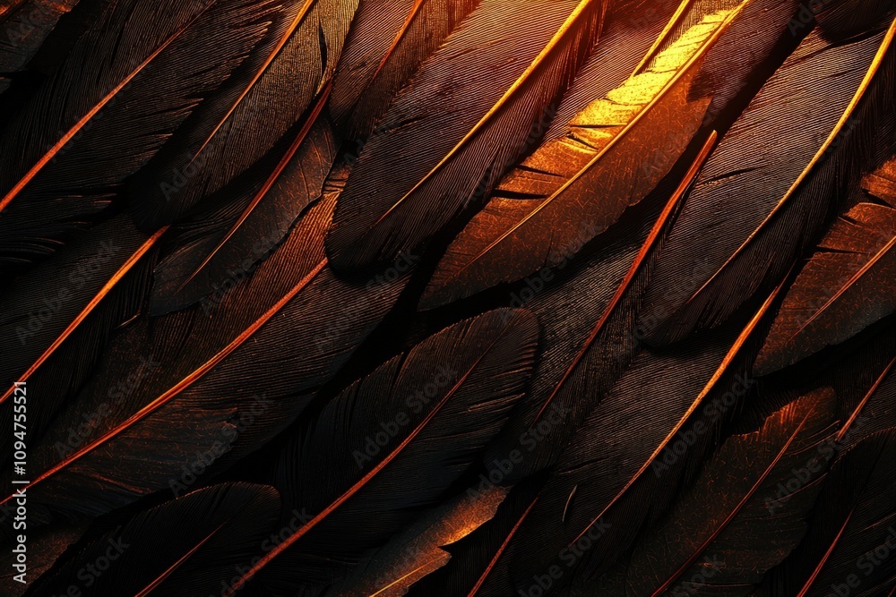 Sticker Detailed dark feathers with golden highlights