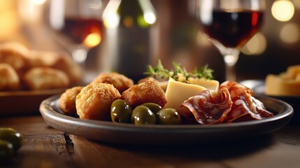 A colorful array of tapas includes olives, cheese, cured meats, and crispy bites, perfect for sharing and enjoying in a warm, inviting atmosphere