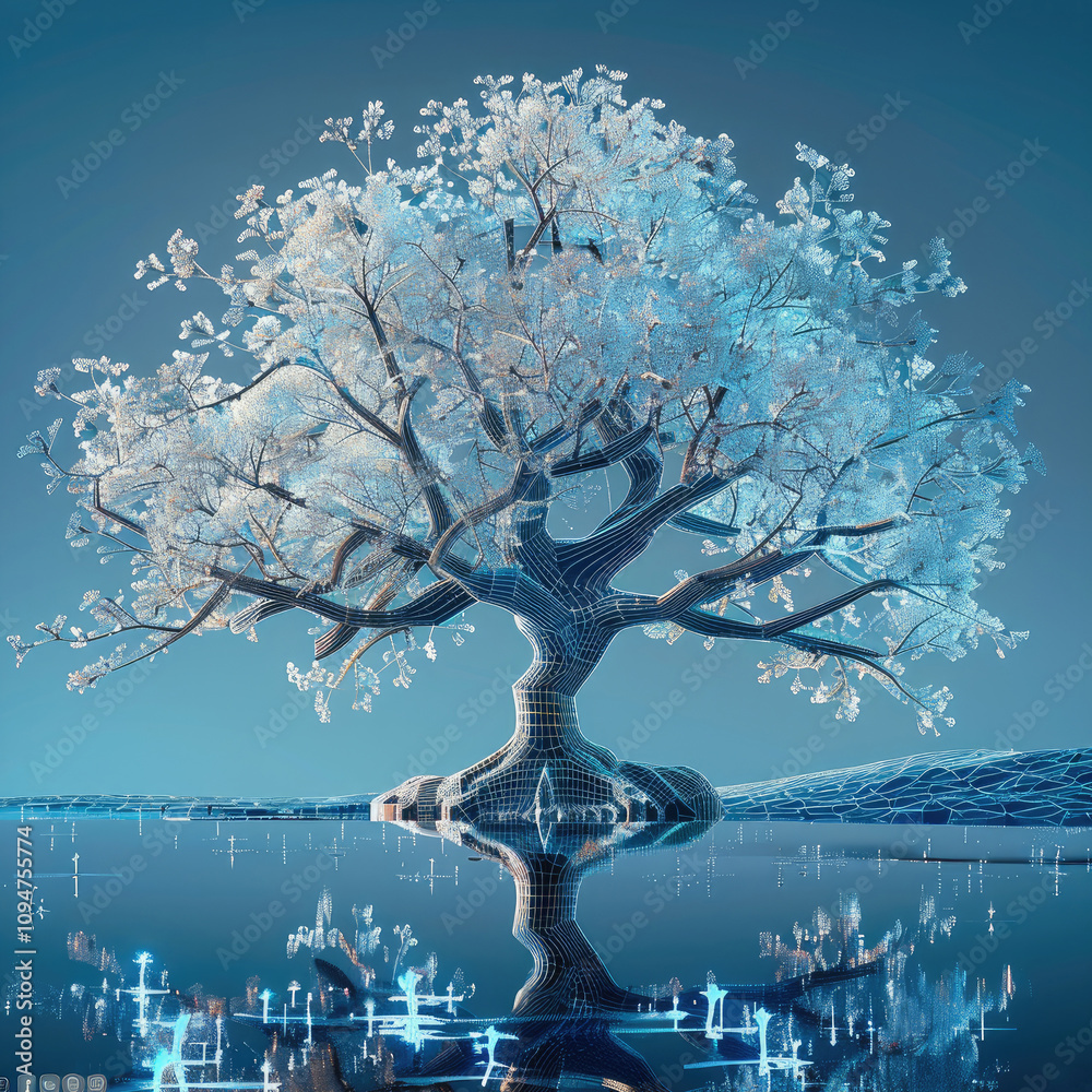 Fototapete technology tree, artificial intelligence tree with circuit board connections.