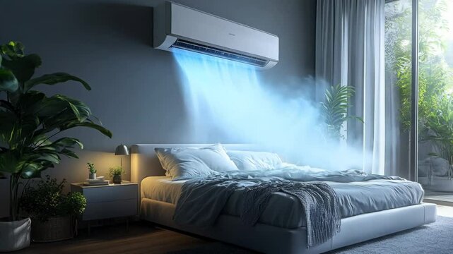 A white bed with a blue air conditioner blowing air on it. The room is decorated with plants and a potted plant is on the nightstand