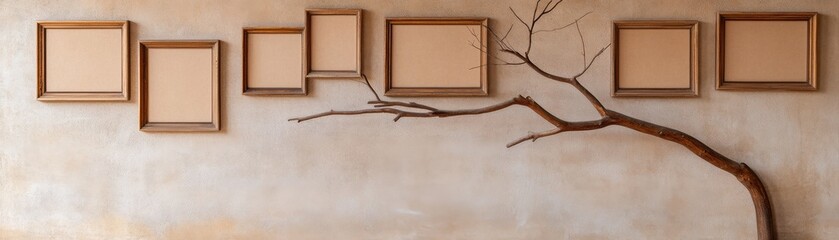 A minimalist wall display featuring empty frames and a natural branch, creating an artistic and harmonious ambiance.