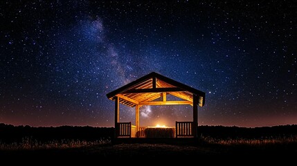 Starlit Night Scene with Wooden Shelter and Hay