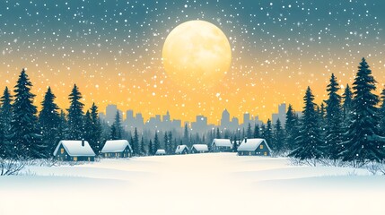 Fototapeta premium Picturesque snowy village with holiday decorations, distant cityscape twinkling under a full moon, cheerful vector design
