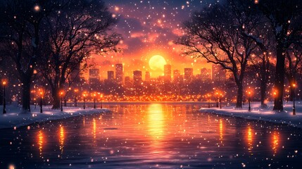 Cozy snowy village surrounded by snowy fields, glowing city lights far away, full moon adding to the holiday charm, vector art style