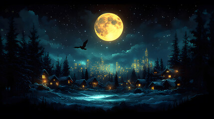 Snowy cottages and pine trees in a quiet winter village, faraway city skyline, full moon casting soft light, joyful vector illustration