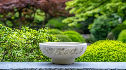 Handmade Ceramics Custom A serene stone bowl sits elegantly on a ledge, surrounded by lush green foliage in a tranquil garden setting.