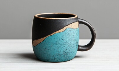 Handmade Ceramics Custom A handcrafted ceramic mug featuring a unique turquoise and black design, perfect for coffee or tea enthusiasts.