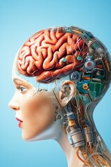 Obraz premium Futuristic concept of a human head showcasing a brain intertwined with technology and machinery elements.