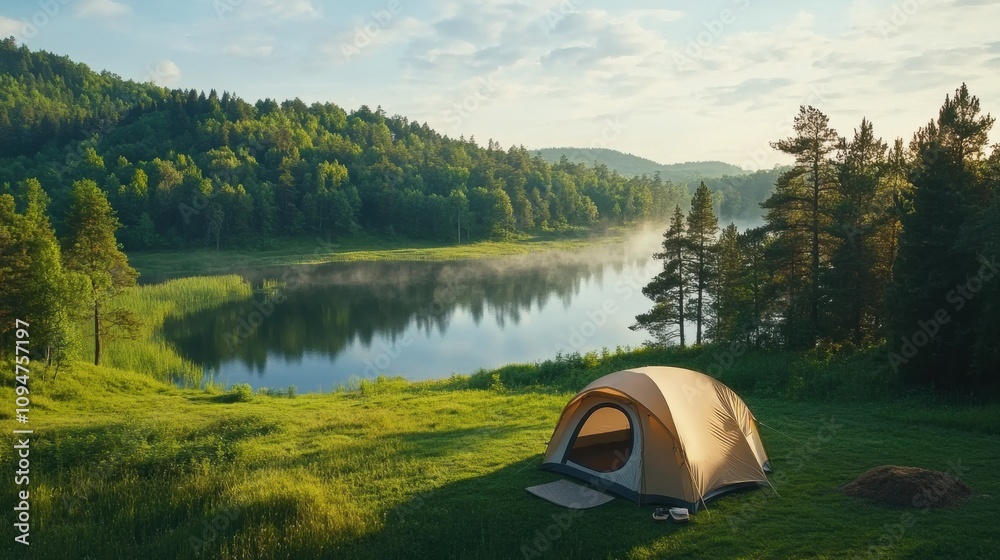 Poster Tent by a serene lake surrounded by lush forest at sunrise, AI