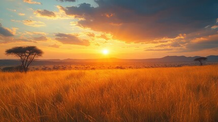 Fototapeta premium A breathtaking sunset over a golden grassland, highlighting nature's beauty and tranquility.