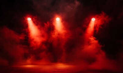  Free stage with lights and smoke, Empty stage with red spotlights, conser, show, party, Presentation concept. Red spotlight strike on black background 