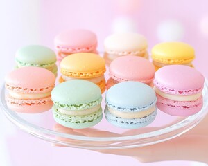 Obraz premium Assorted colorful macarons neatly arranged on a glass plate, pastel tones, bright and modern bakery display, chic and elegant style
