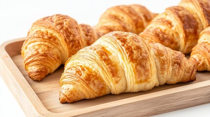 Close-up of freshly baked croissants on a wooden tray, golden and flaky texture, warm bakery ambiance, rustic style, soft morning light