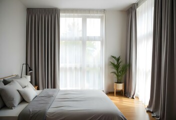 Fototapeta premium A modern bedroom with large windows covered by gray and sheer white curtains creates a cozy and relaxing atmosphere.