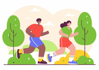 Runner or joggers in park, man and woman running or jogging, sport healthy lifestyle vector. 