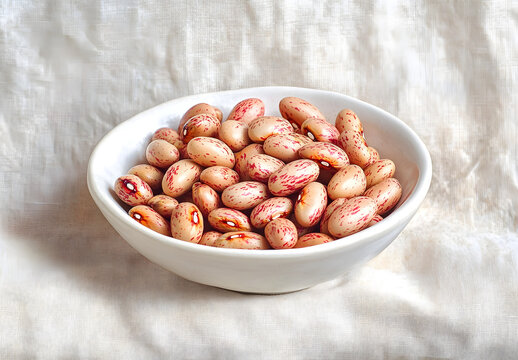 Cranberry beans, Borlotti beans in white bowl on linen. Tan colored, streaked with red variety of the common bean Phaseolus vulgaris, also known as Borlotto, Roman, saluggia, gadhra or rosecoco bean.