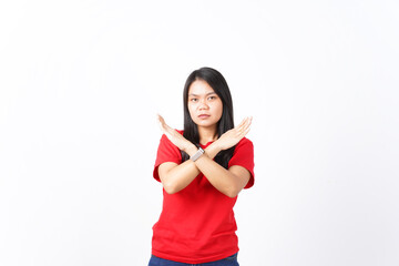 beautiful Asian woman poses with both hands forming the letter 'X,' set against a white background