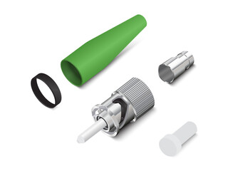 Realistic fiber optic cable with ST APC connector on white background. vector illustration EPS 10.