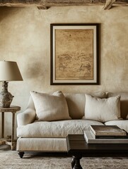 Antique Map Adorns Neutral Living Room Sofa