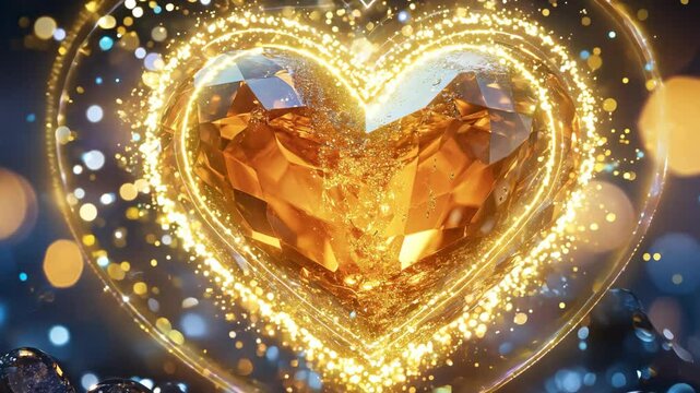 A heart made of crystal is on a table. The heart is surrounded by many small diamonds. The diamonds are scattered around the heart, creating a beautiful and intricate design