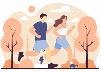 Vector illustration in simple flat style and characters - man and woman running in the park